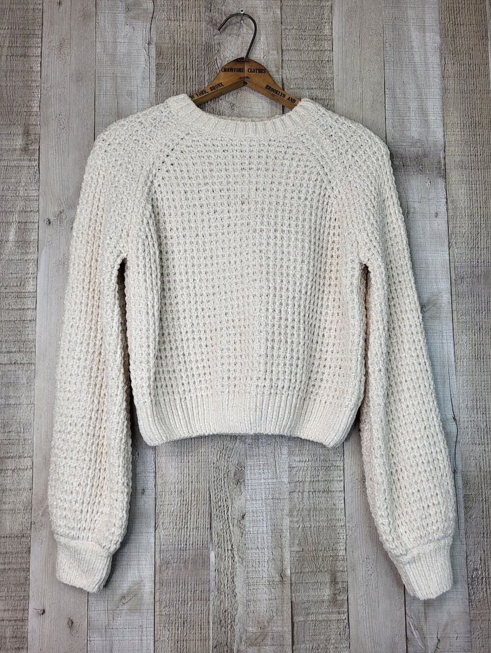 Altar'd State Cream Textured Waffle Crewneck Cropped Sweater. Size Small